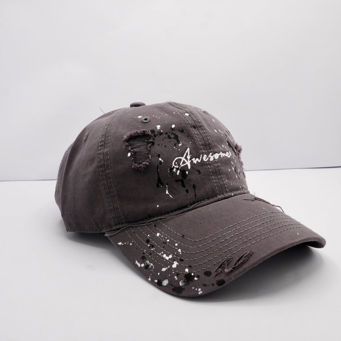 Gray Distressed Paint-Splatter Baseball cap