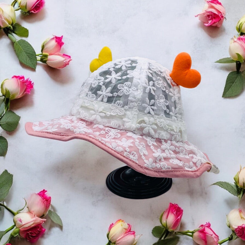 LACE FLORAL KIDS SUN HAT WITH HEART ACCENTS