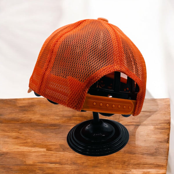 ORANGE COWGIRL MESH CAP WITH EMBROIDERED COW DESIGN