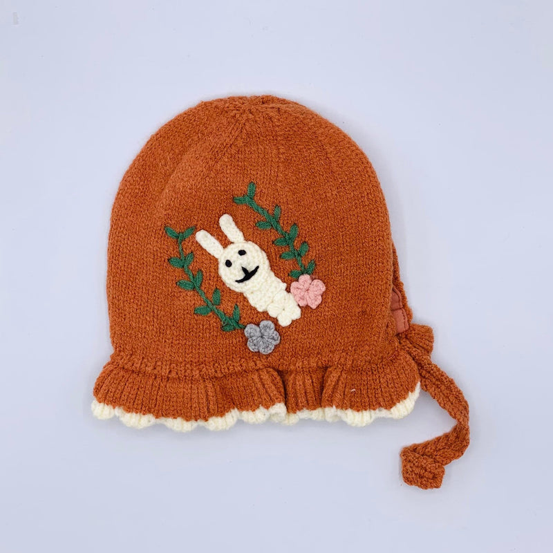 WOOL BABY GIRL WITH RABIT EMBROIDERY CAP/HAT