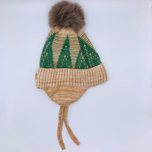 KNITTED BEANIE WITH GREEN AND BEIGE STRIPES  CAP/HAT