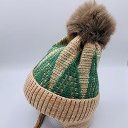 KNITTED BEANIE WITH GREEN AND BEIGE STRIPES  CAP/HAT