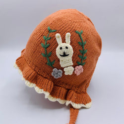 WOOL BABY GIRL WITH RABIT EMBROIDERY CAP/HAT