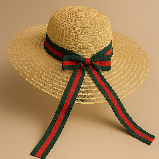 Beige Straw Sun Hat With Olive&Red Ribbon Bow