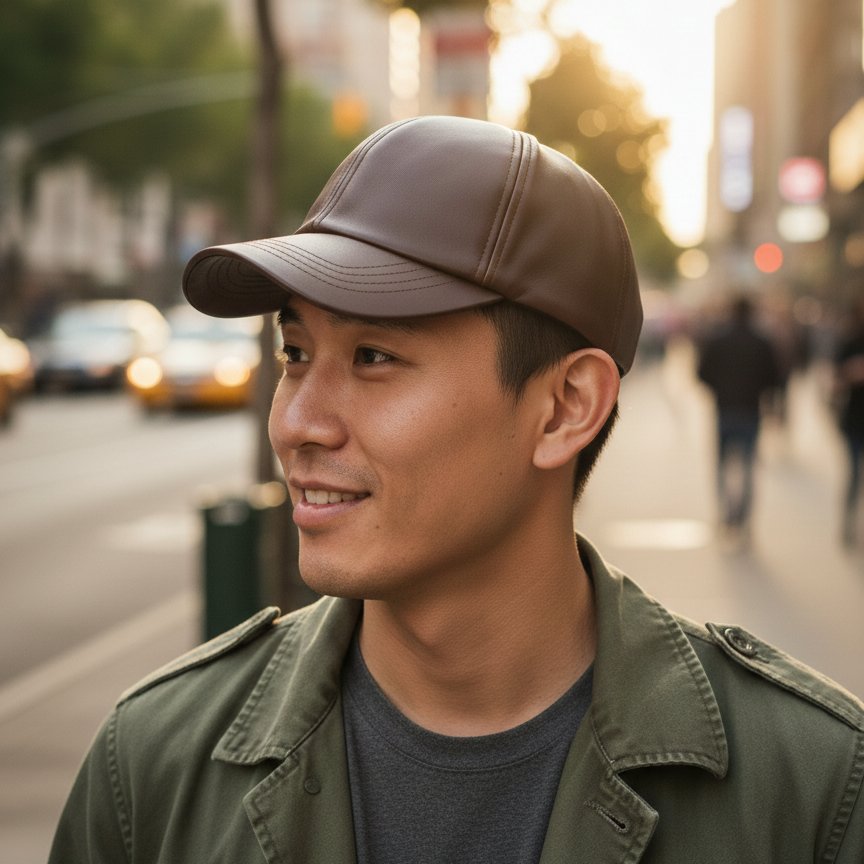 Men's Cap Brown Plan Premium Leatherite