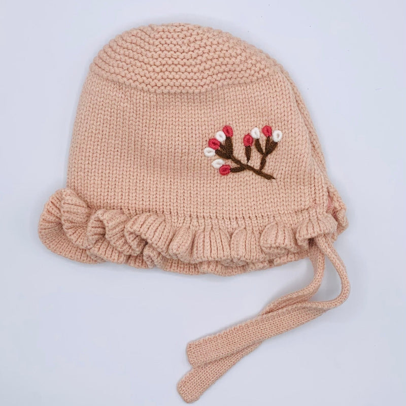 WOOL BABY GIRL CAP WITH EMBROIDERYAND AND STRAP CAP/HAT