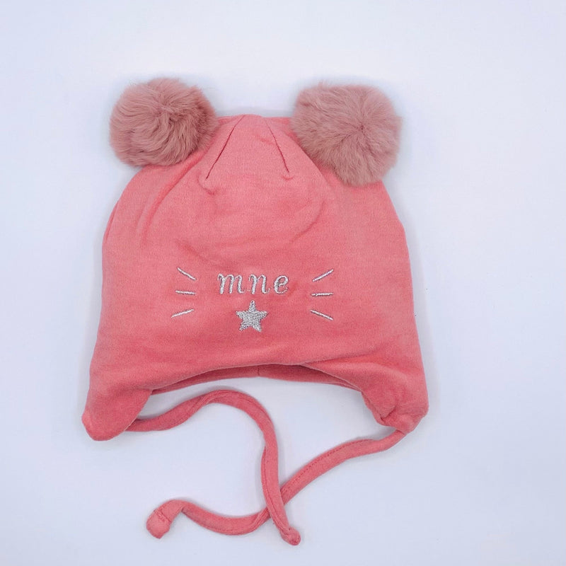 VELVET BABY GIRL CAP WITH FLUFFY EARS AND CUTE EMBROIDERY CAP/HAT