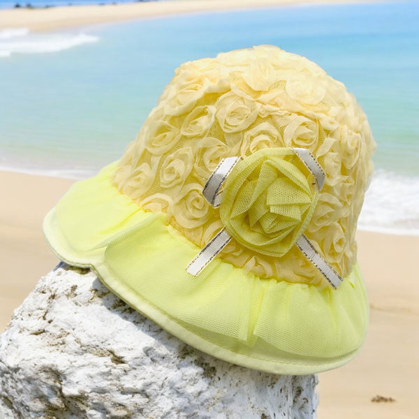 YELLOW ROSETTE BABY HAT WITH FLOWER & RIBBON - ELEGANT & ADORABE