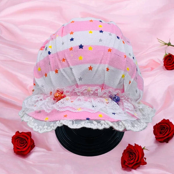 STRIPED BABY HAT WITH COLORFUL STARS AND LACE TRIM - CUTE & COMFY WITH BACK STRAPS