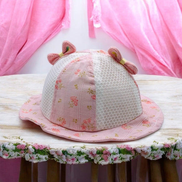 WHITE & PINK BABY HAT WITH STRAWBERRY EAR DETAILS & RUFFLED BRIM - ADORABLE & COMFY
