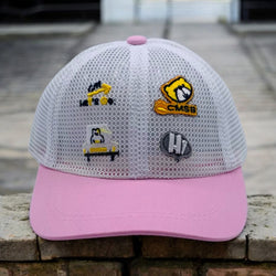 WHITE & PINK MESH CAP WITH EMBROIDERED CONSTRUCTION-THEMED PATCHES - STYLISH & BREATHABLE