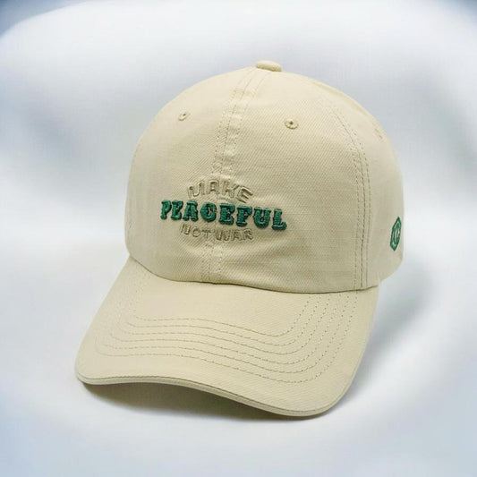 BEIGE BASEBALL CAP WITH MAKE PEACEFUL EMBROIDERY ON FRONT
